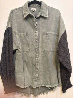 NWOT POL Washed Sage Mixed Media Jacket with Knit-Style Sleeves M